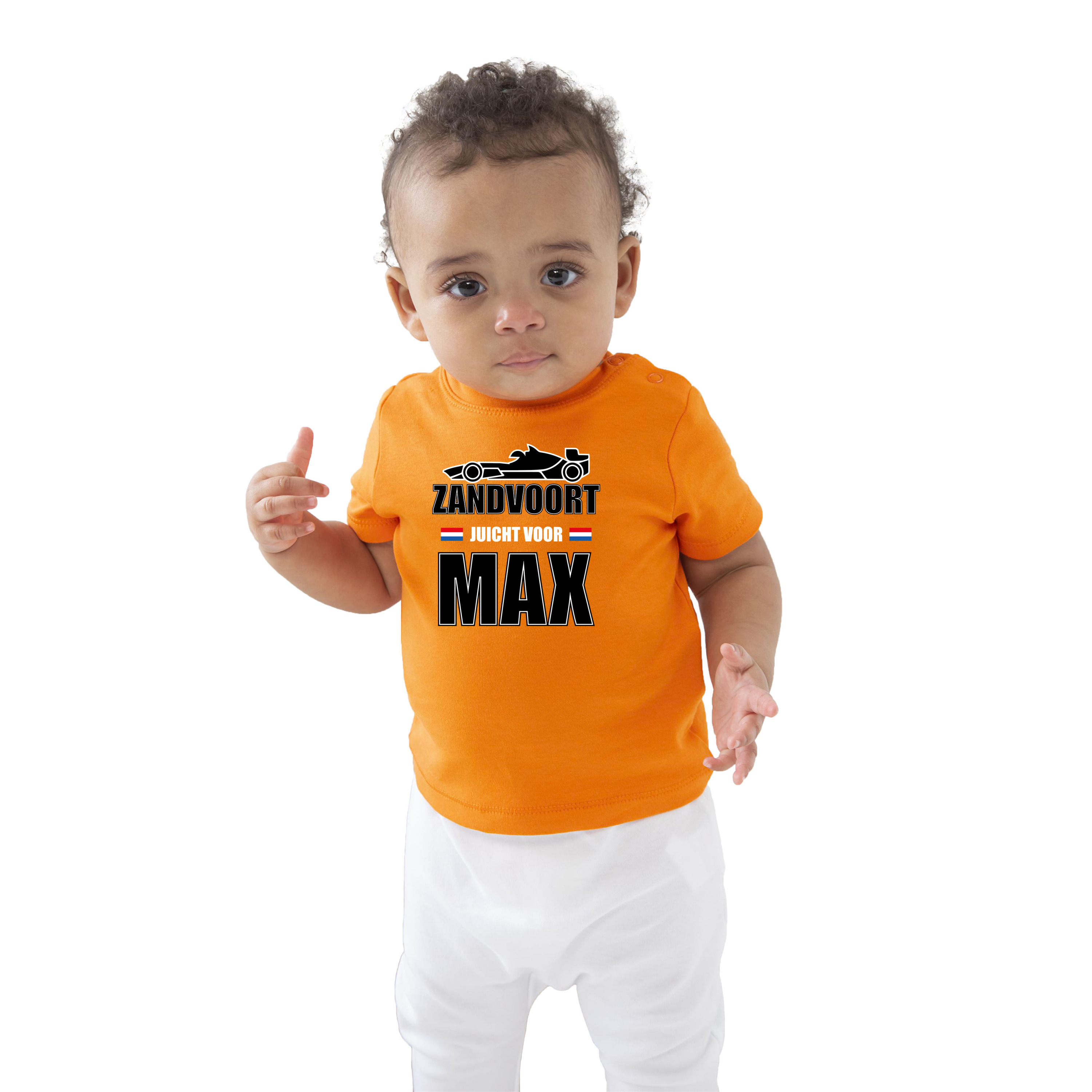 Oranje t-shirt Zandvoort juicht voor Max met race auto coureur supporter -race supporter voor babys