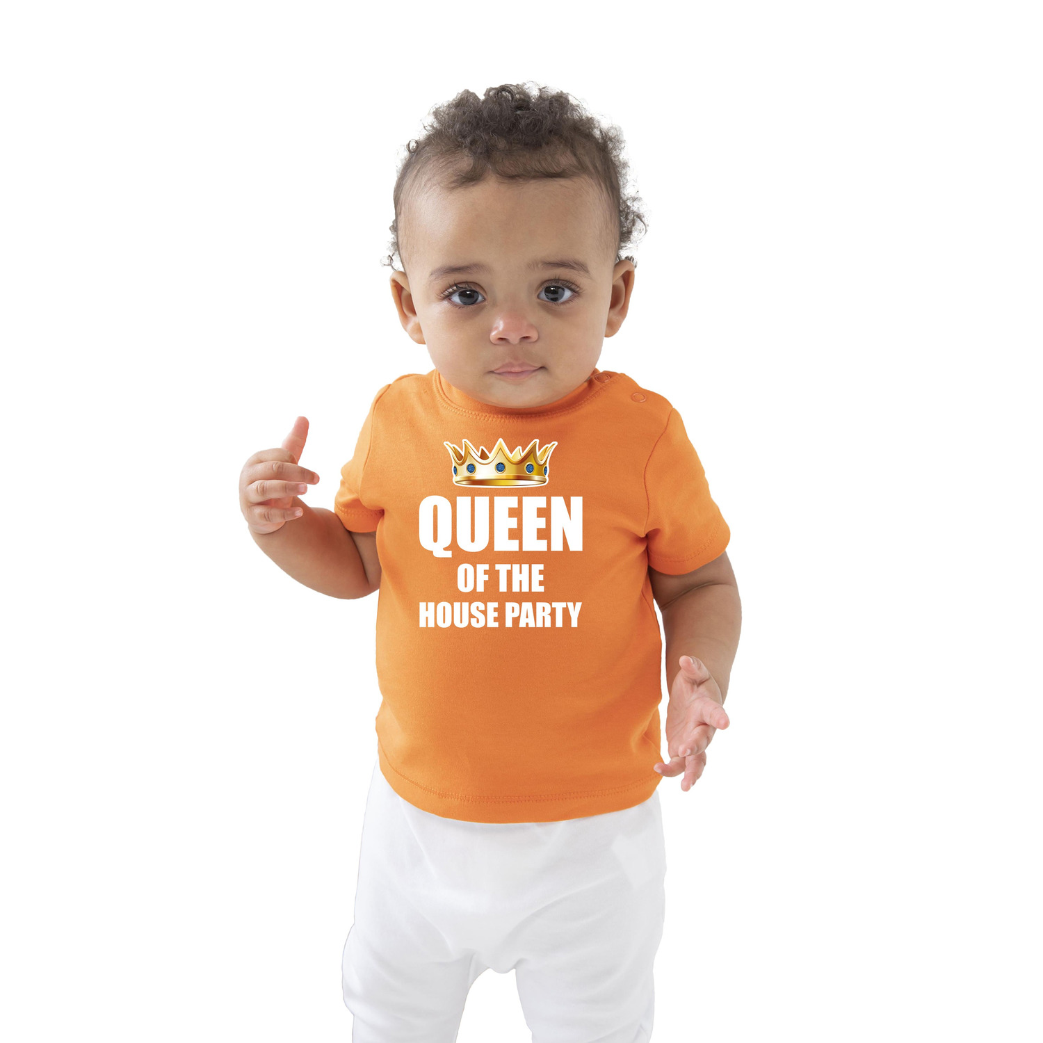 Queen of the house party met kroon Koningsdag t-shirt oranje baby-peuter voor meisjes
