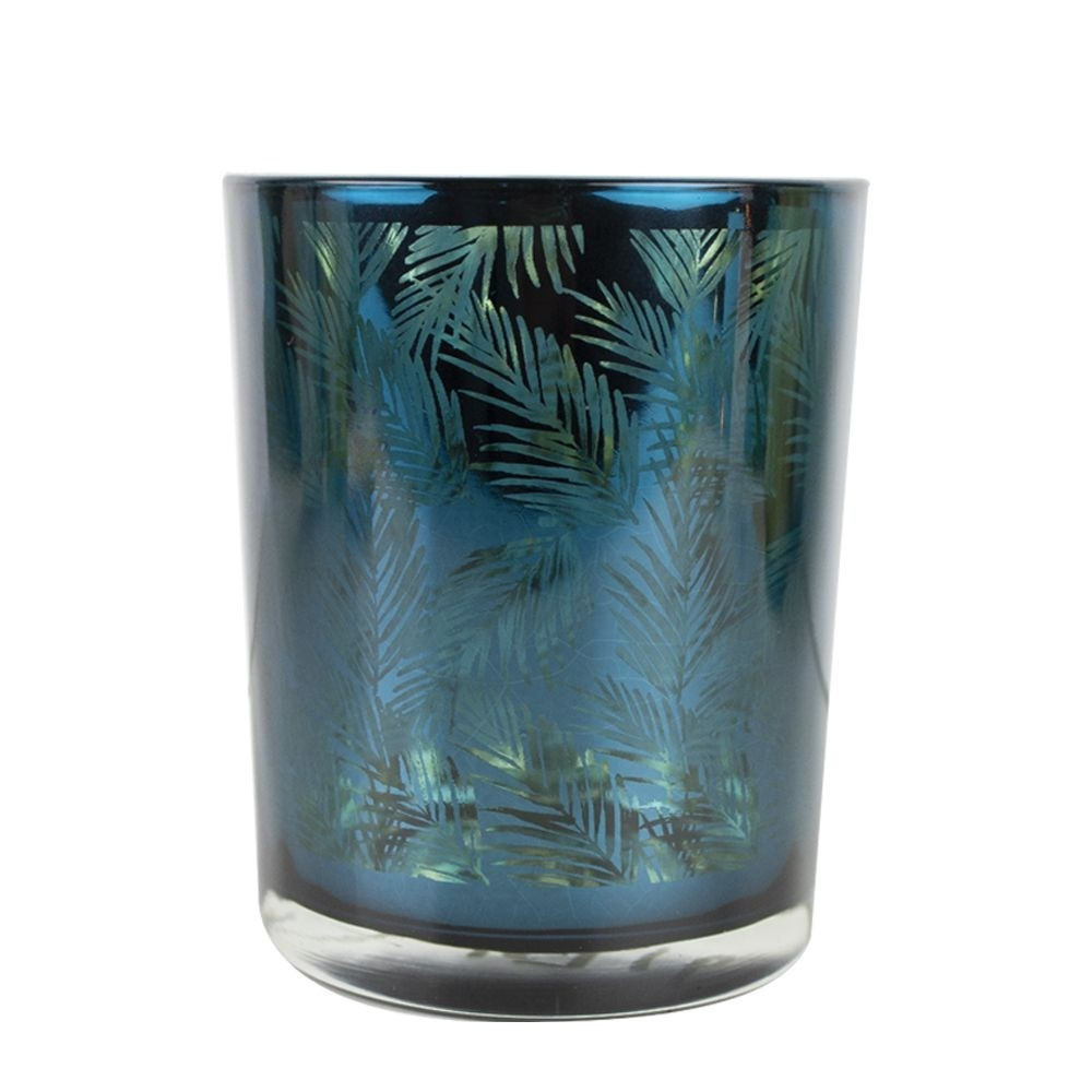 Theelichthouder-waxinelichthouder glas petrol blauw 12 cm palmblad print